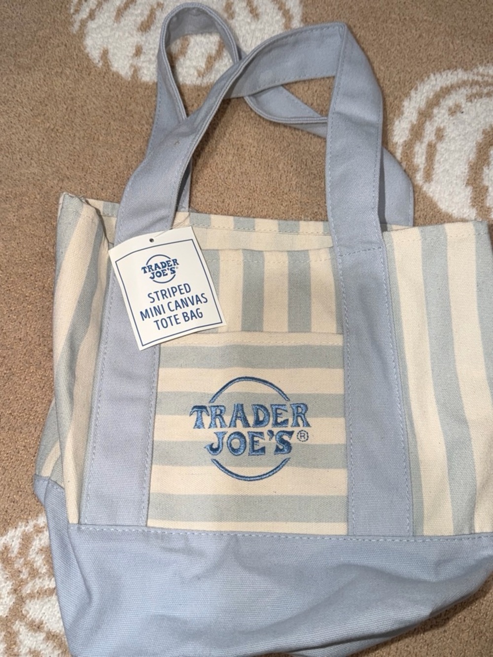 Trader Joe's Striped Mini Canvas Tote Bag in Light Blue and Cream